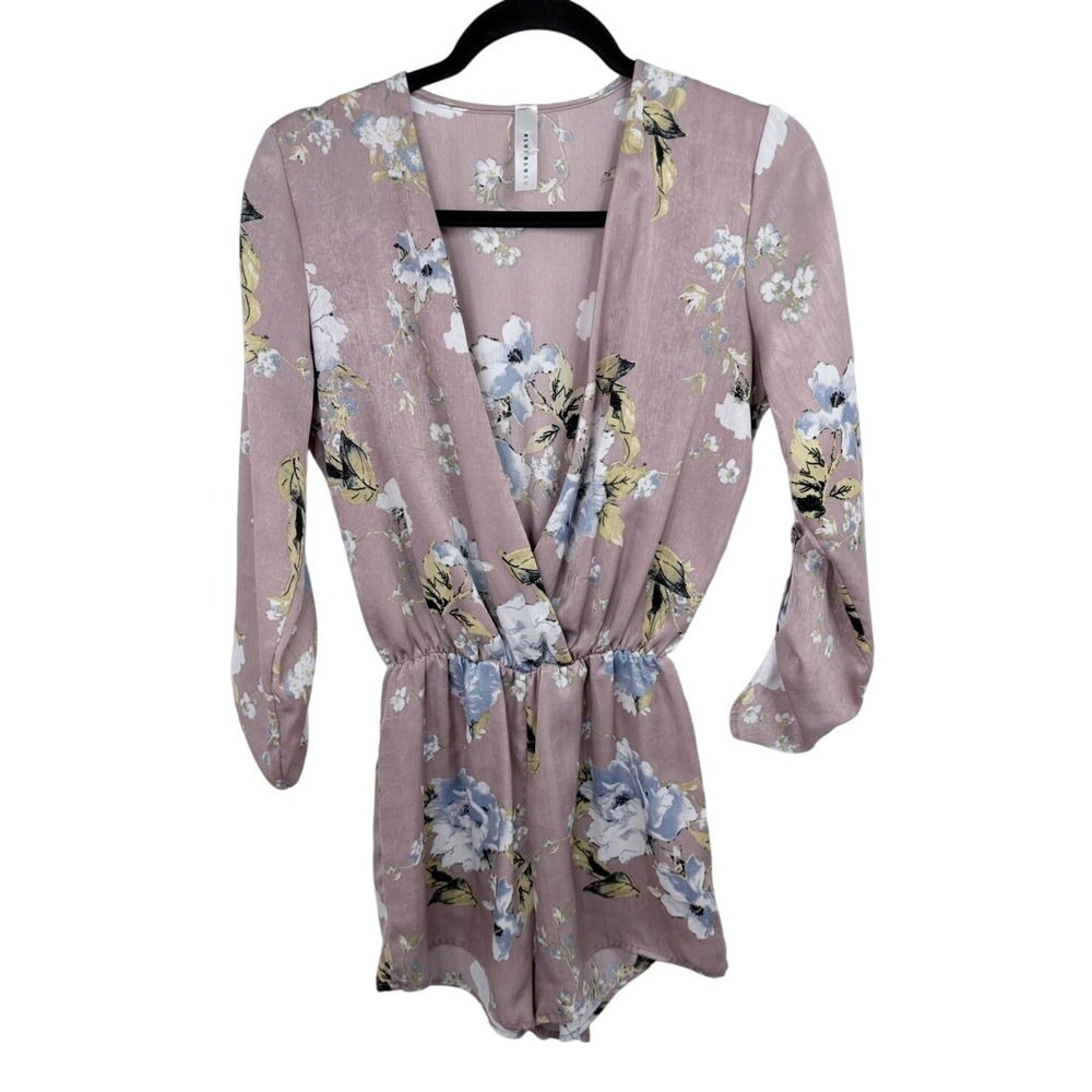 Blue Blush Floral Romper Womens S Mauve Pink Satin Long Sleeve Boho Wrap V-Neck